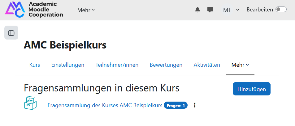 Screenshot: Fragensammlung des Kurses wählen