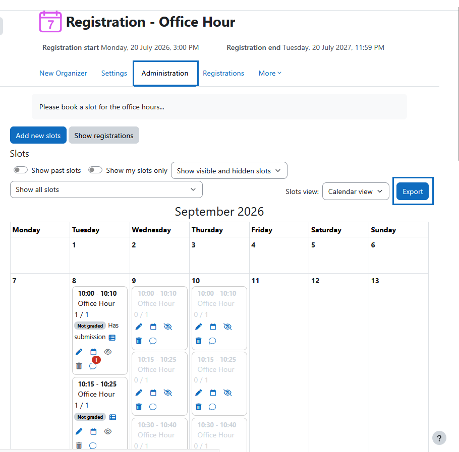 Screenshot: calendar overview with export button