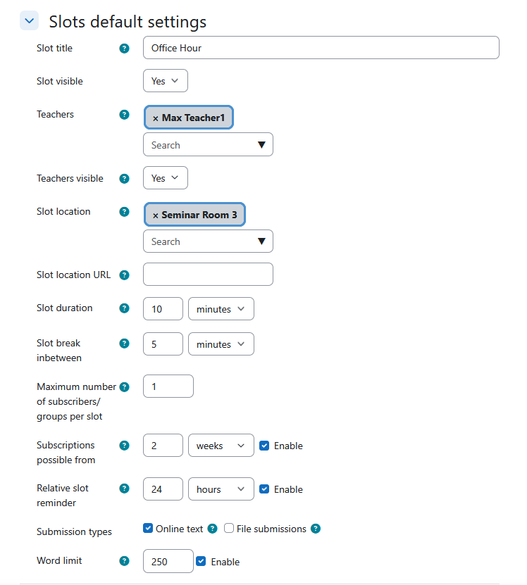 Screenshot: slots default setting