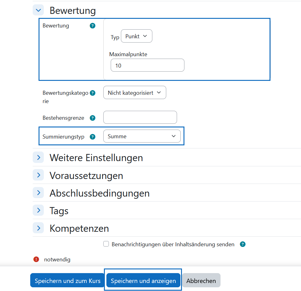 Screenshot: Bewertung und Speichern der Einstellungen