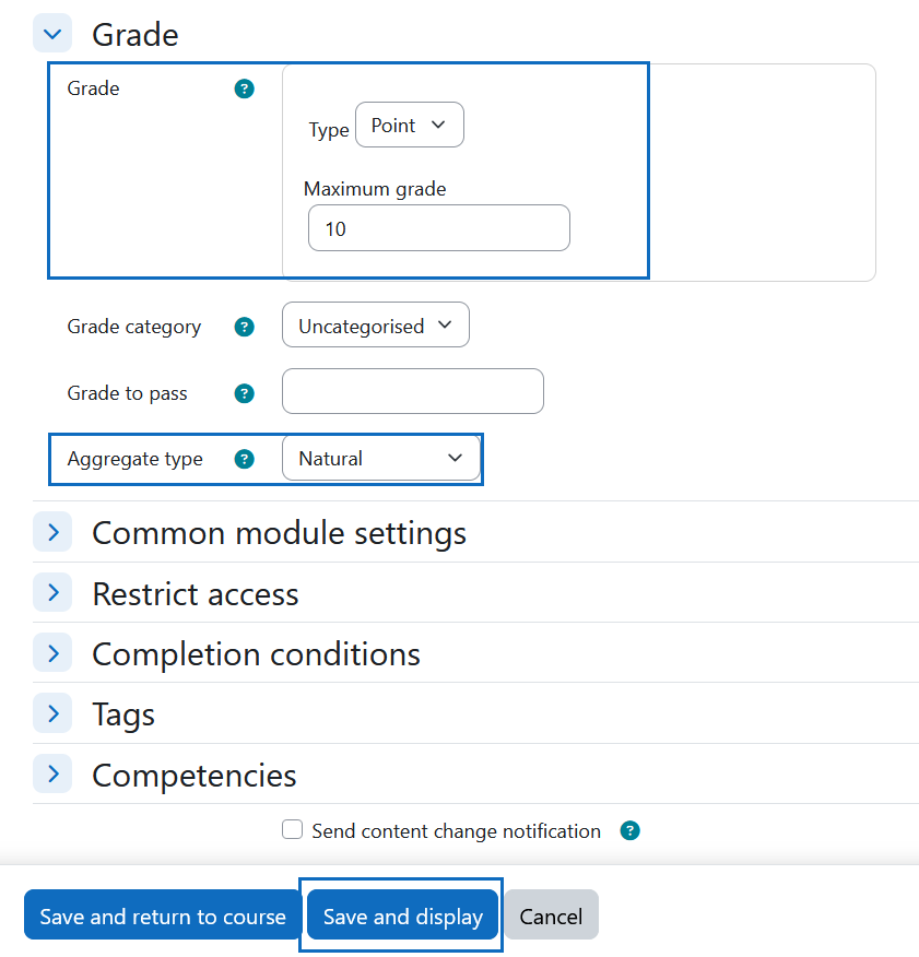Screenshot: grade and save settings