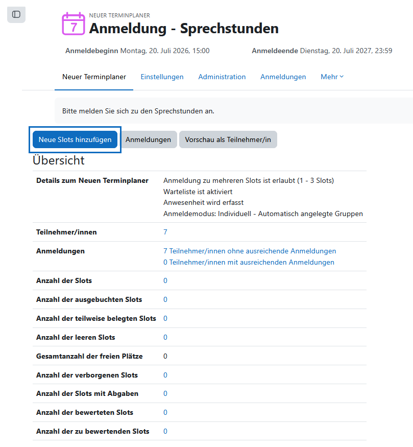 Screenshot: Gesamtübersicht des Neuen Terminplaners und Button 