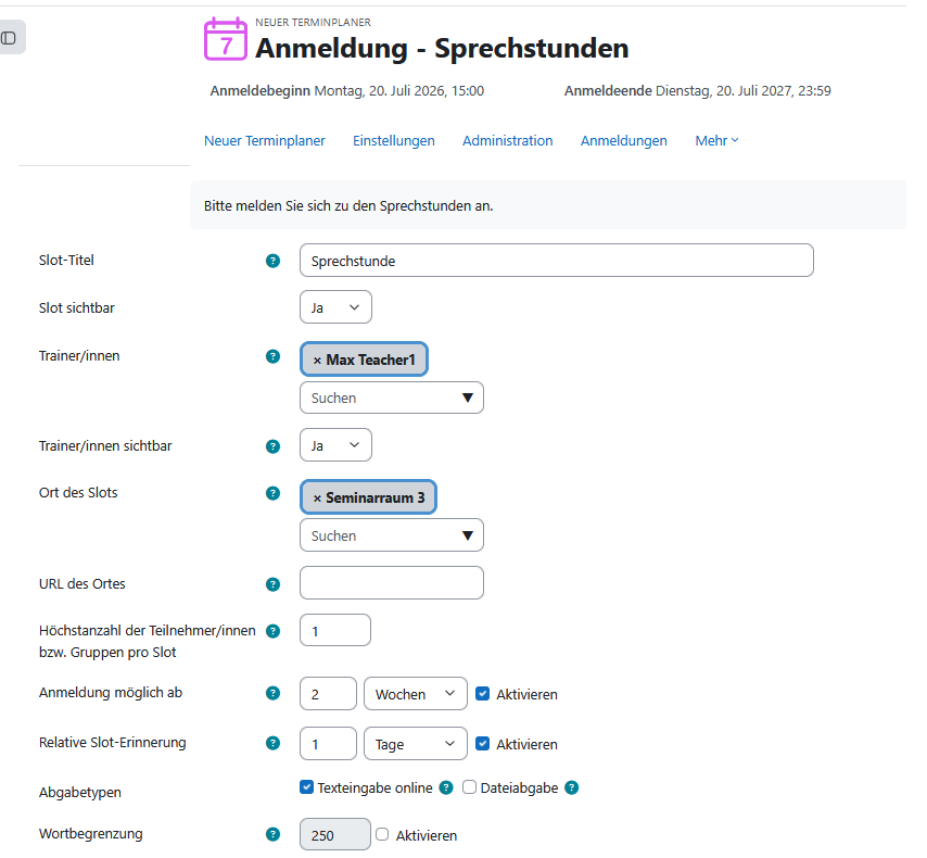 Screenshot: Voreinstellungen für neue Terminslots