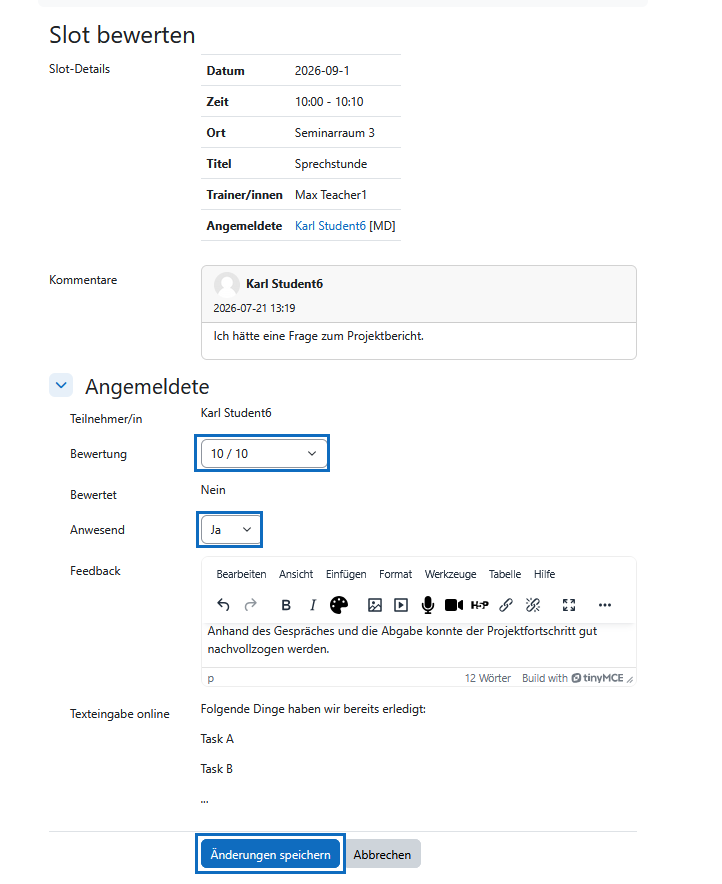 Screenshot: Bewertung von Slots