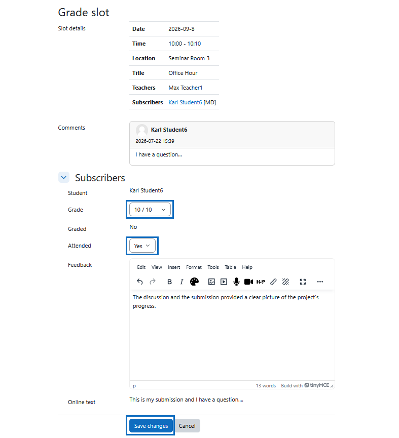 Screenshot: grade a slot and save the settings