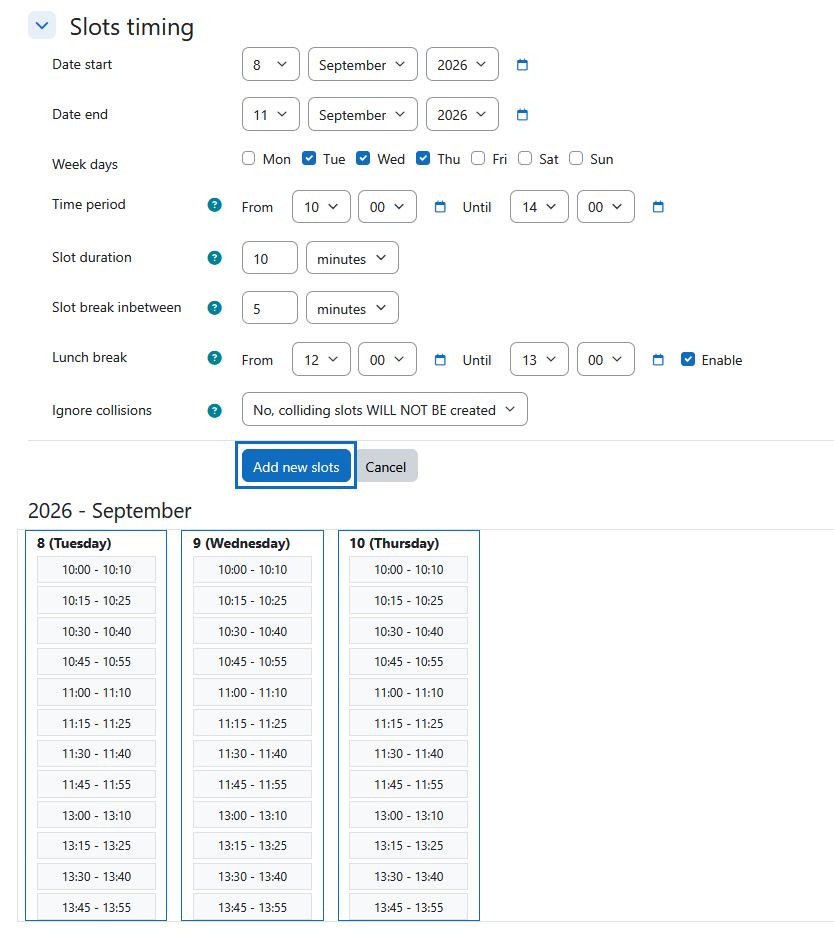 Screenshot: slots timing