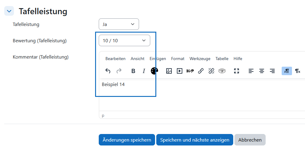 Screenshot: Einzelbewertung der Tafelleistung