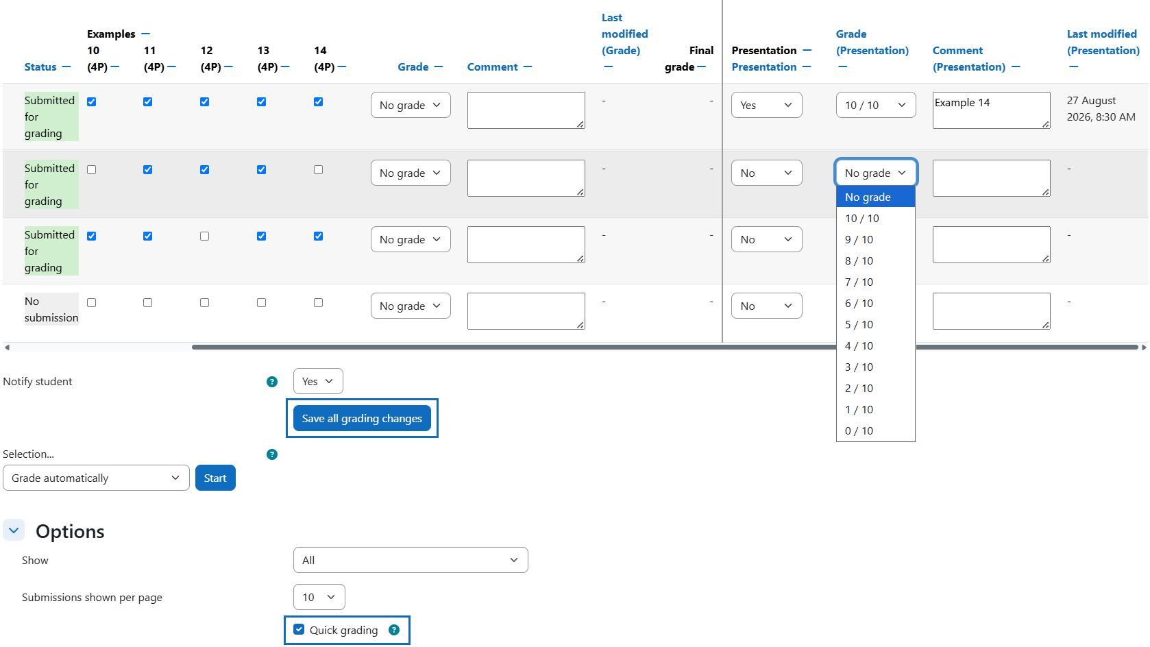 Screenshot: presentation grading in quick grading mode