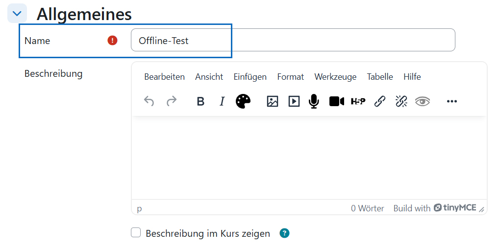 Screenshot: allgemeine Einstellungen - Name und Beschreibung