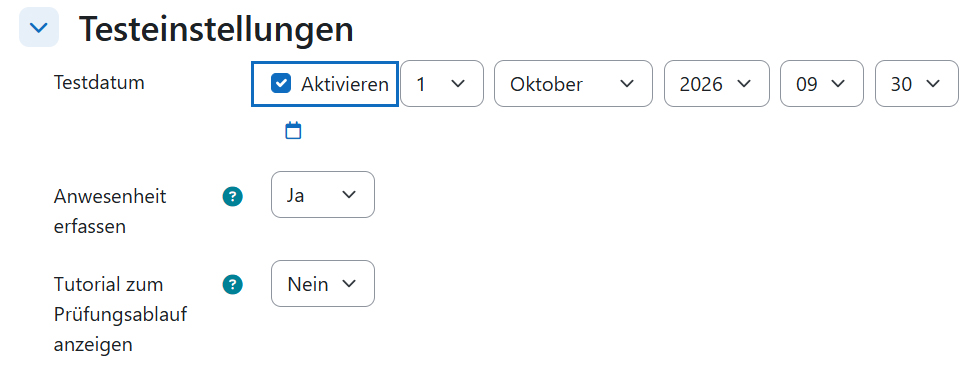 Screenshot: Testeinstellungen