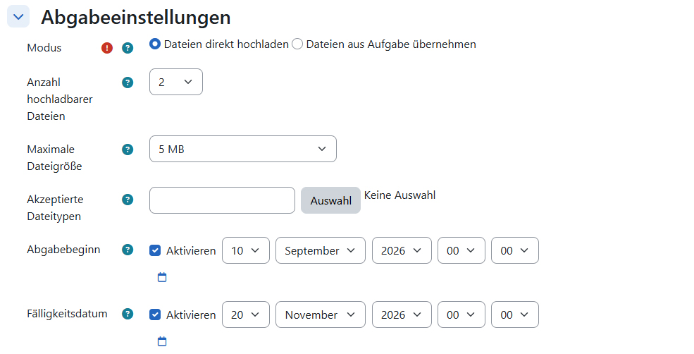 Screenshot: Abgabeeinstellungen für den Modus 