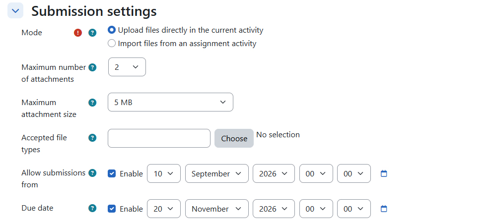 Screenshot: submission settings for the 
