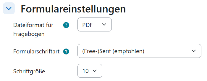 Screenshot: Formulareinstellungen - Dateiformat, Schriftart und Schriftgröße