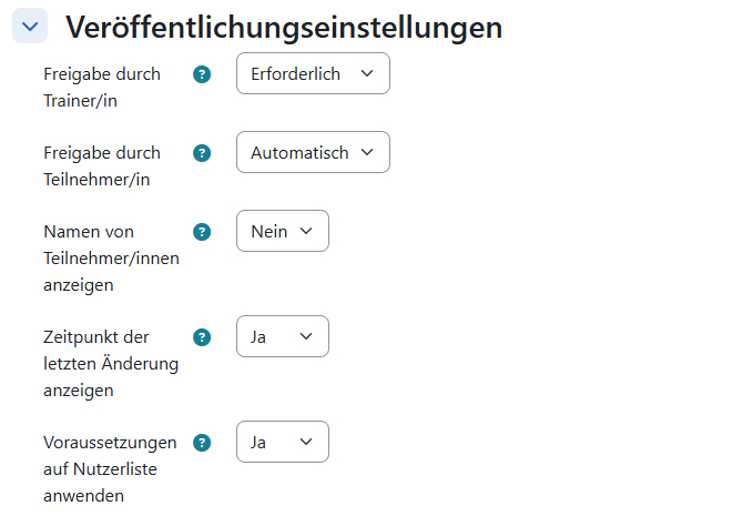 Schreenshot: Veröffentlichungseinstellungen für den Modus 