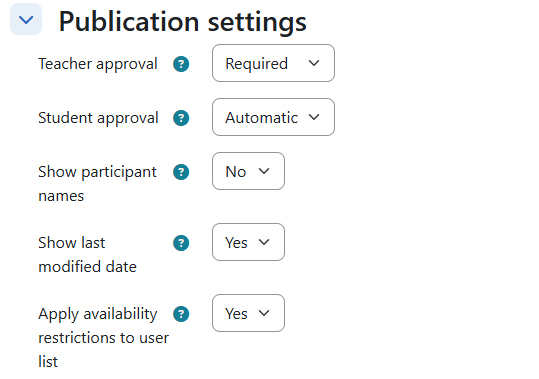 Screenshot: publication settings for the mode 