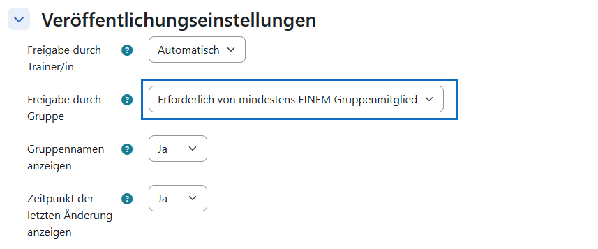 Screenshot: Veröffentlichungseinstellungen bei Übernahme der Dateien aus einer Gruppenaufgabe