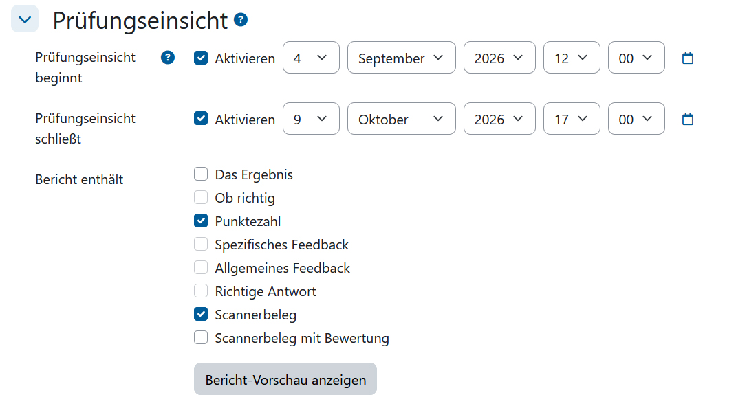 Screenshot: Prüfungseinsichtseinstellungen