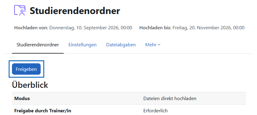 Screenshot: Lehrendenansicht, wenn Freigabe durch Lehrende/n erforderlich ist