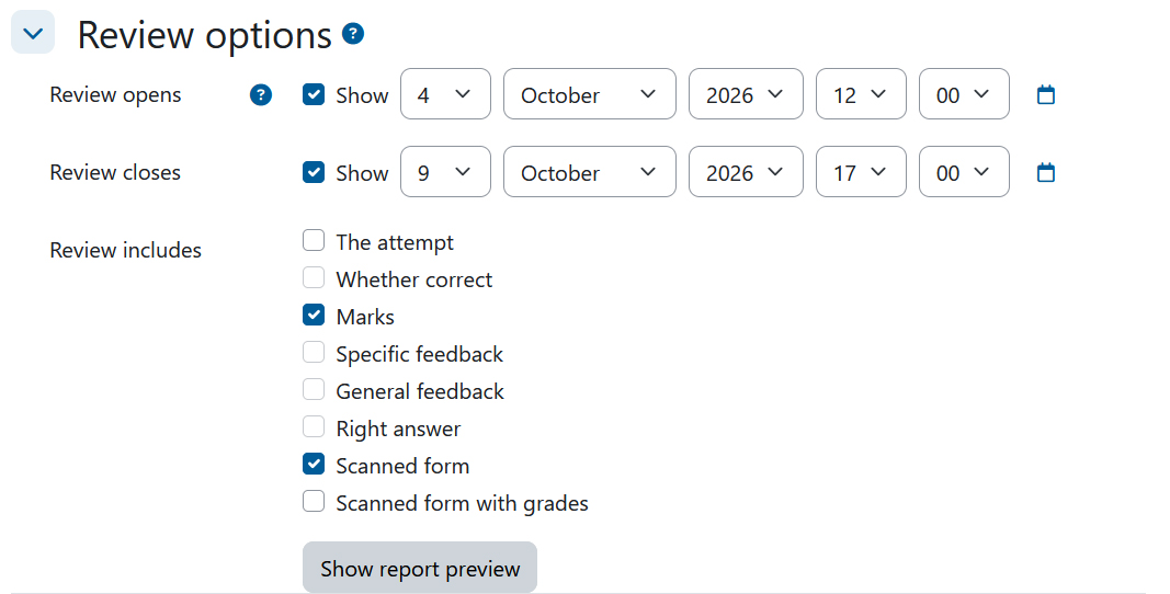 Screenshot: settings for review options