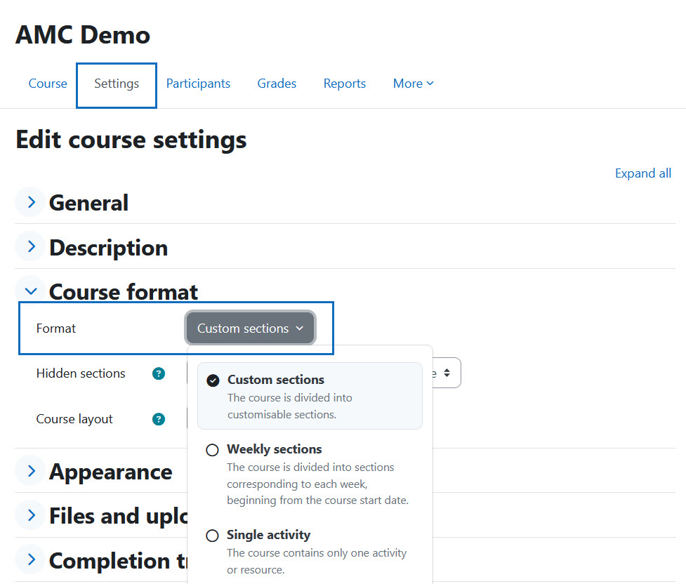 Screenshot edit course format