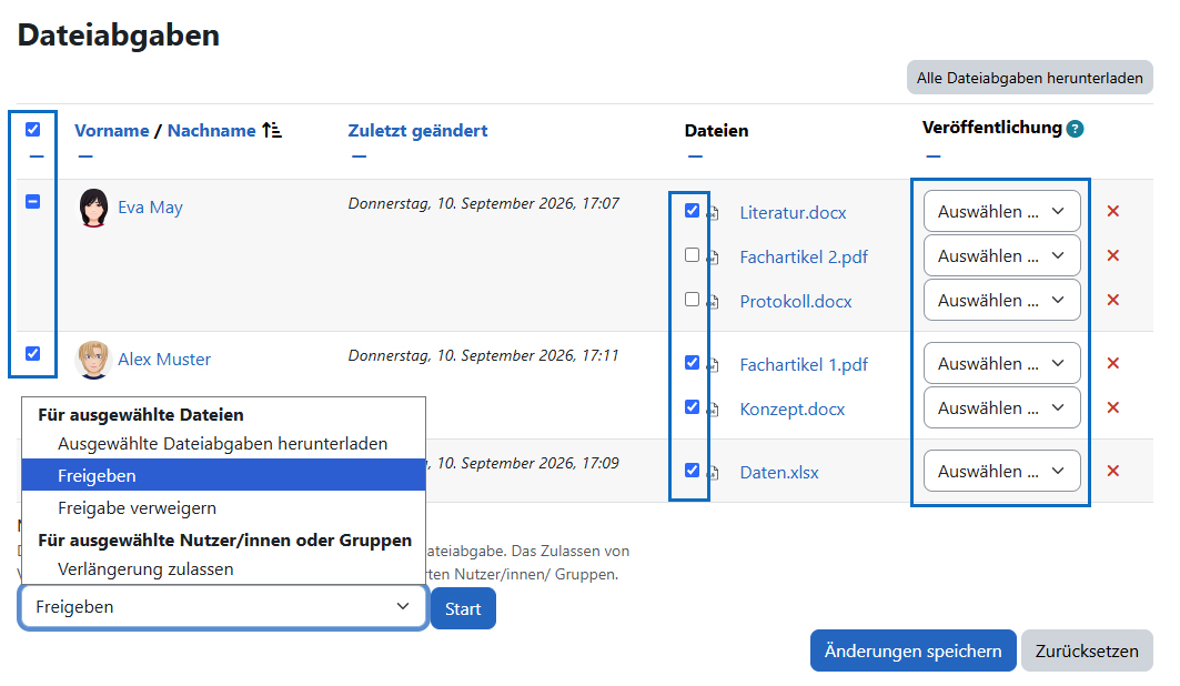 Screenshot: Liste der Dateiabgaben mit verschiedenen Möglichkeiten, den Freigabestatus zu setzen in der Lehrendenansicht