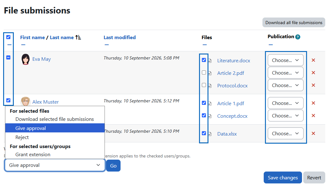 Screenshot: file submissions list with several options to select a publication status (teacher's view)