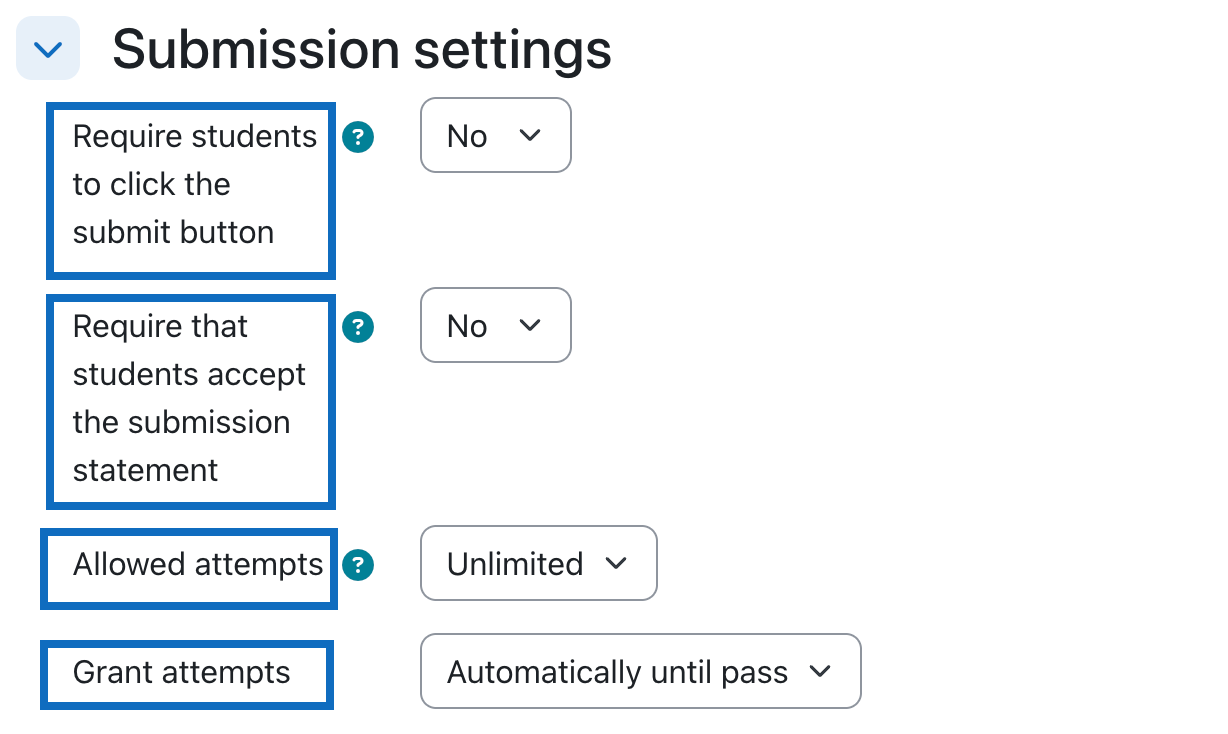 Screenshot shows several options in the submission settings of the assignment module.